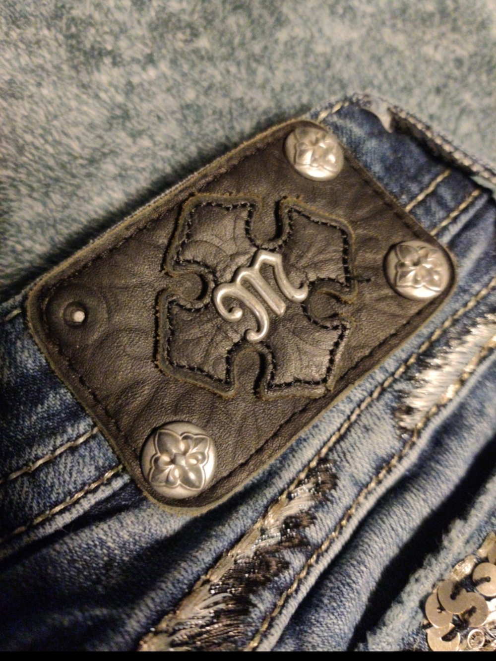 Miss Me Blue Denim Boot Cut Jeans with Black Leather Logo Patch